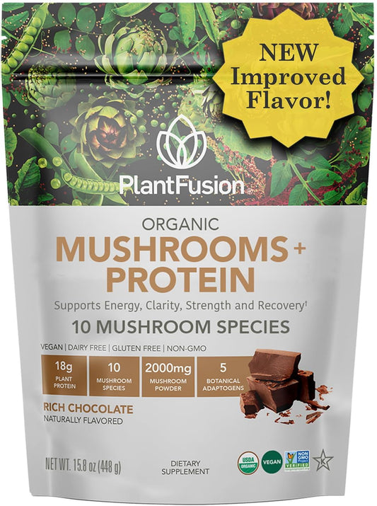 Plantfusion Mushroom Protein Powder - Vegan 3 in 1 Protein, Mushroom, and Adaptogen Supplement for Mental Focus, Immunity, Recovery - Chocolate 1lb - Gluten-Free