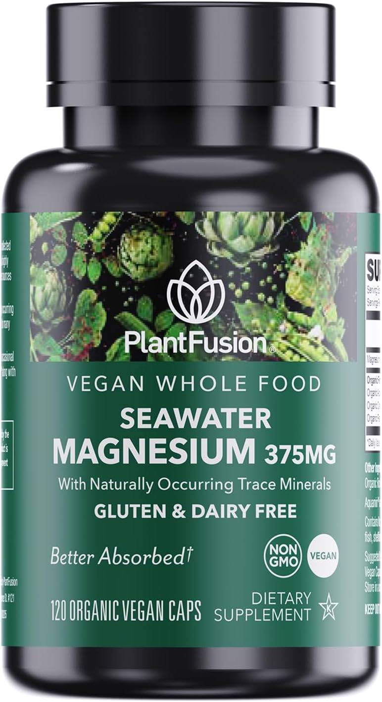 PlantFusion Vegan Magnesium Complex 375mg: Marine Magnesium with Whole Food Blend for Muscle & Relaxation Support - 120 Capsules