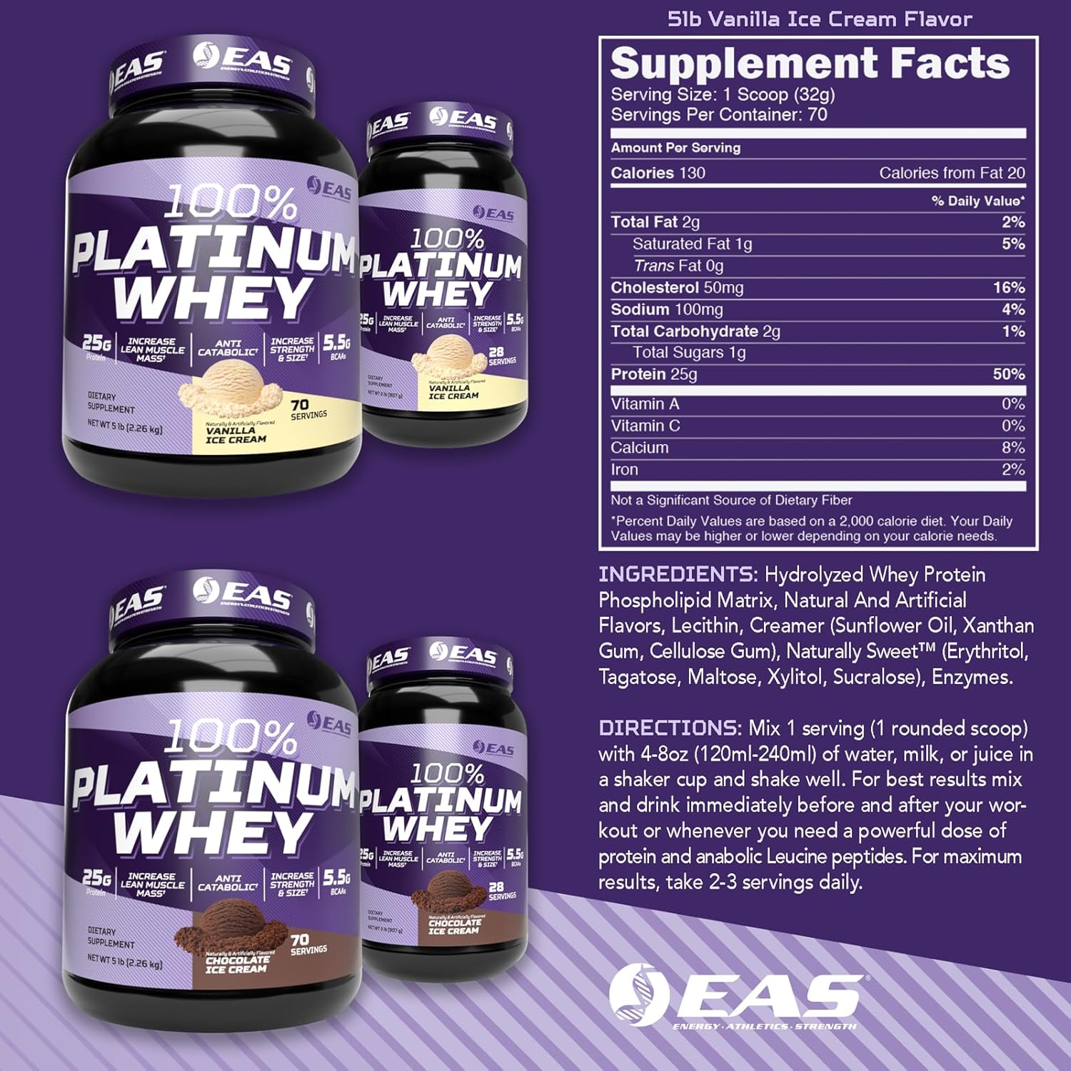 Platinum Whey Protein Blend for Size & Strength with 25g Protein, 5.5g BCAAs - 2lb Chocolate Ice Cream Flavor