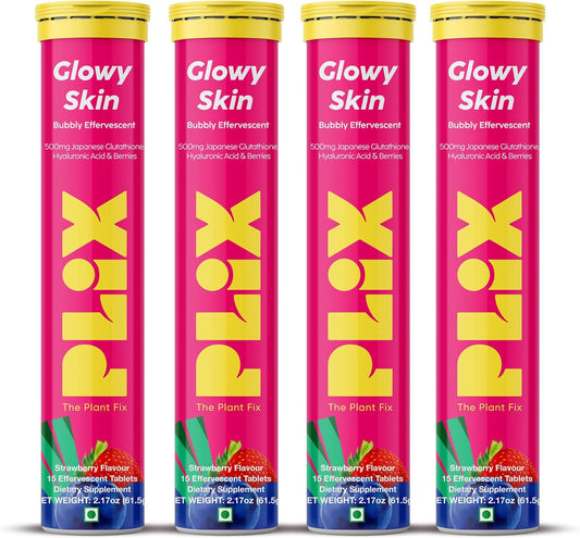 PLIX Glutathione Skin Glow Effervescent Tablets 500mg - Pack of 4, Strawberry Flavour | Vitamin E for Clear, Youthful Skin