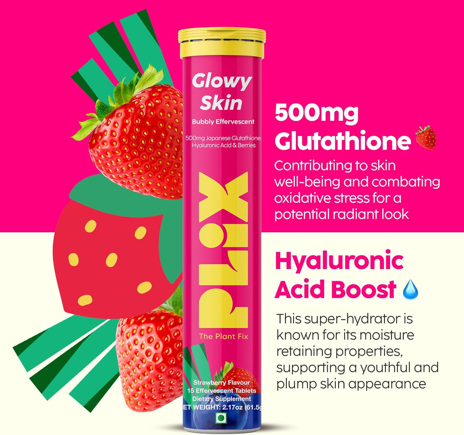 PLIX Glutathione Skin Glow Effervescent Tablets 500mg - Pack of 4, Strawberry Flavour | Vitamin E for Clear, Youthful Skin