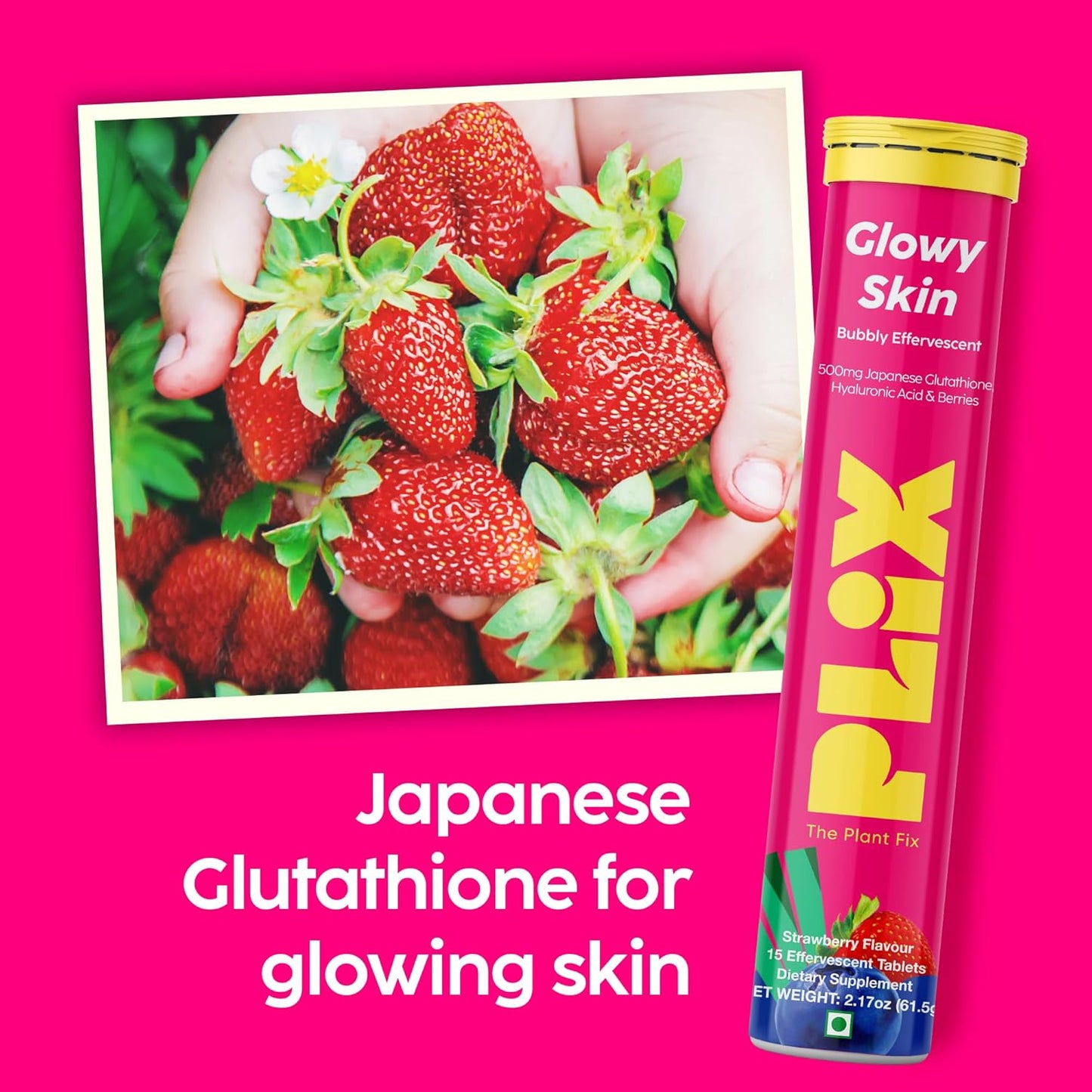 PLIX Glutathione Skin Glow Effervescent Tablets 500mg - Pack of 4, Strawberry Flavour | Vitamin E for Clear, Youthful Skin