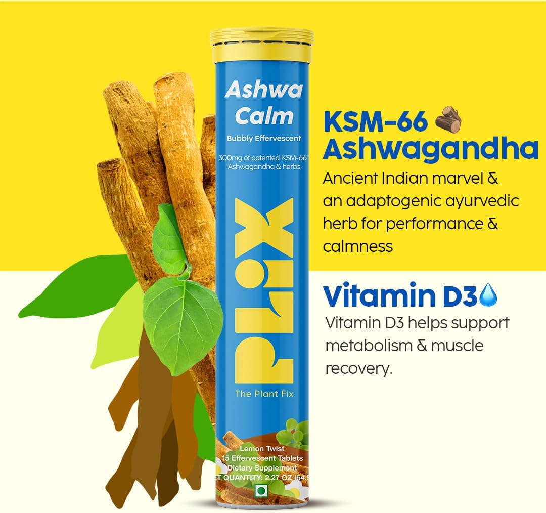 PLIX Plant Fix KSM-66 Ashwagandha 300mg Effervescent Tablets for Stress, Mood & Energy - Vegan, Non-GMO, Gluten-Free - Pack of 15