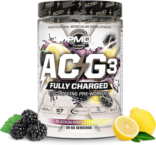 PMD Sports ACG3 Fully Charged Pre Workout Powder - High Energy & Pump for Men and Women - Boost Focus, Endurance & Performance - BlackBerry Lemonade (30-60 Servings)