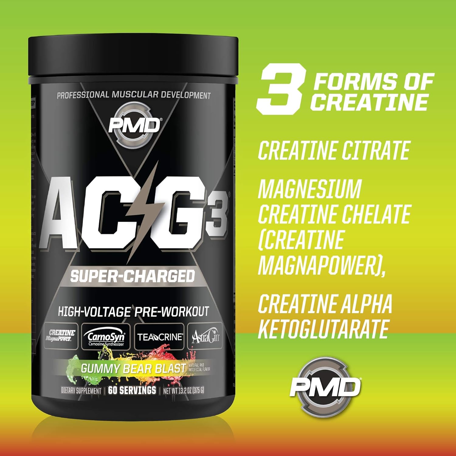 PMD Sports ACG3 Supercharged Pre Workout for Men and Women - Gummy Bear Blast Flavor - Boost Strength, Energy, Focus, Endurance - 60 Servings