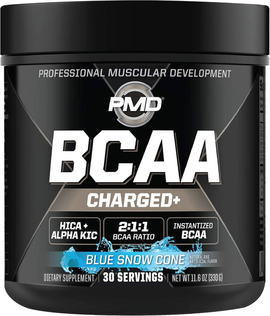 PMD Sports BCAA Charged Amino Acid Drink Mix - Enhance Performance, Recovery, and Hydration - Blue Snow Cone Flavor - 30 Servings