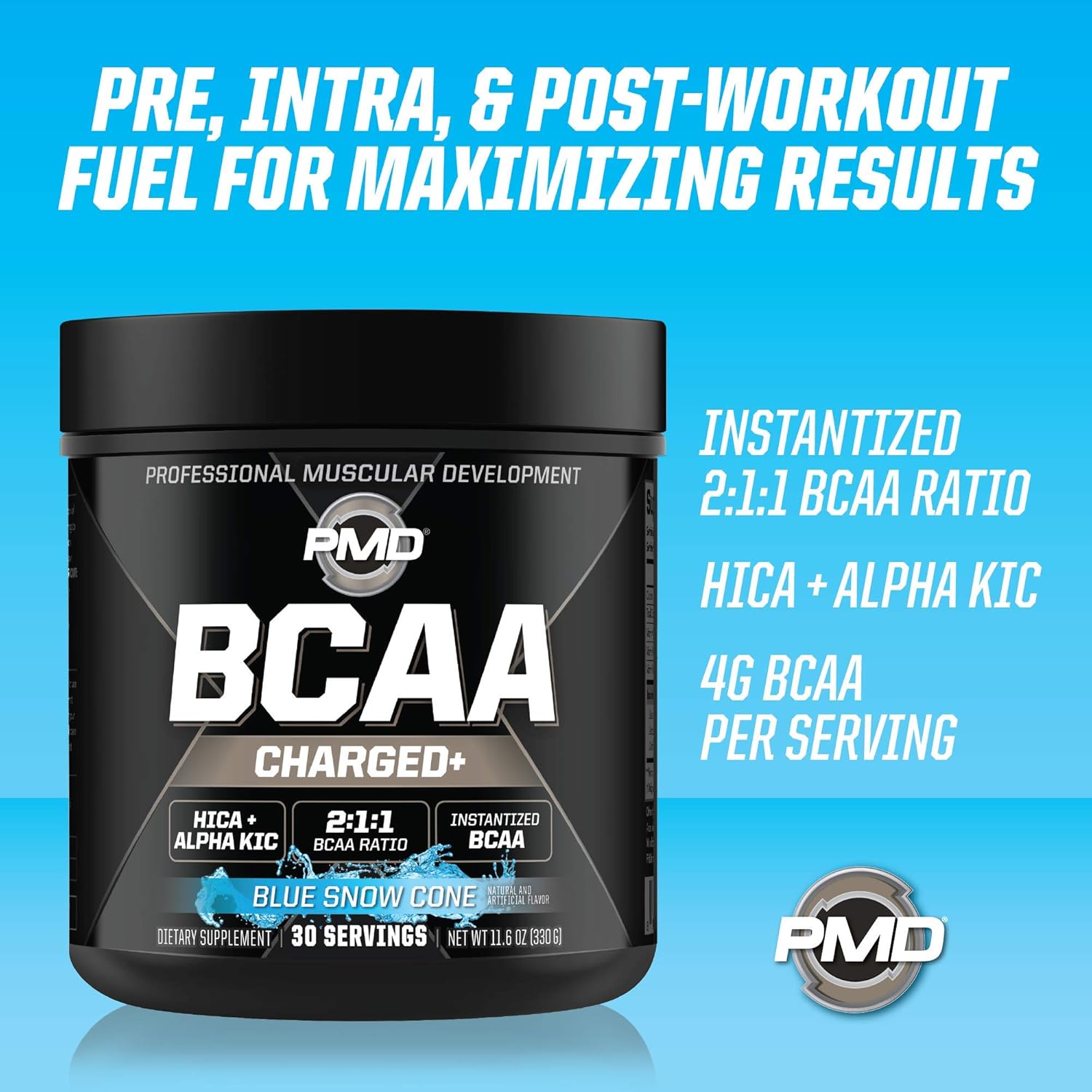 PMD Sports BCAA Charged Amino Acid Drink Mix - Enhance Performance, Recovery, and Hydration - Blue Snow Cone Flavor - 30 Servings
