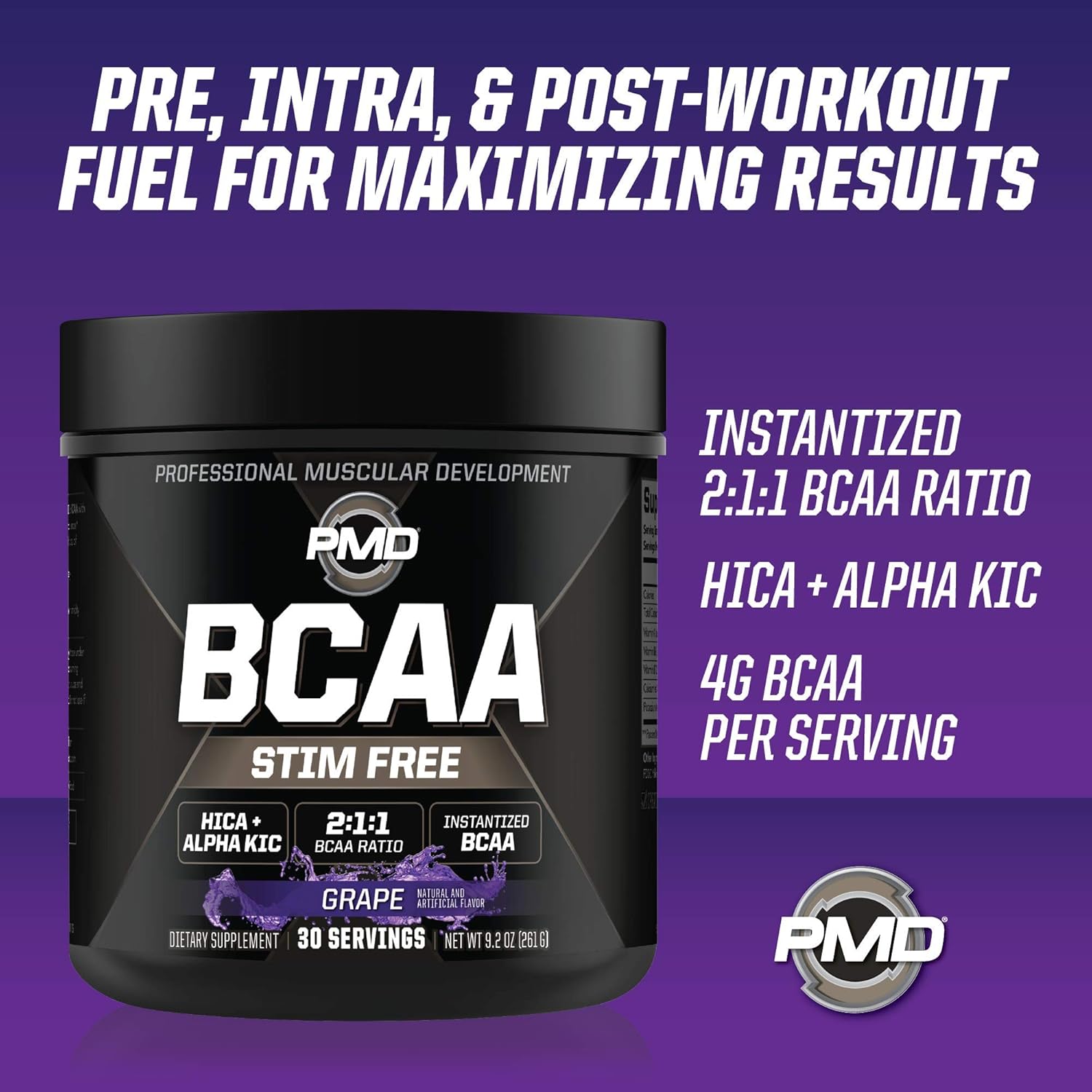 PMD Sports BCAA Grape Powder Drink Mix - Enhance Workouts, Boost Recovery, Increase Energy, Build Muscle - Stim-Free Amino Acids - 30 Servings