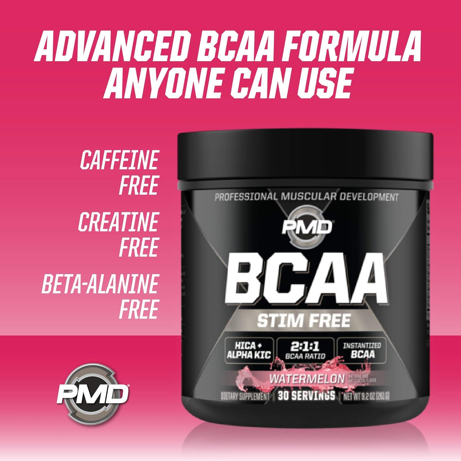 PMD Sports BCAA Powder Drink Mix - Watermelon Flavor, Stim-Free Amino Acids for Improved Workout Performance and Recovery - Muscle Builder and Energy Booster (30 Servings)