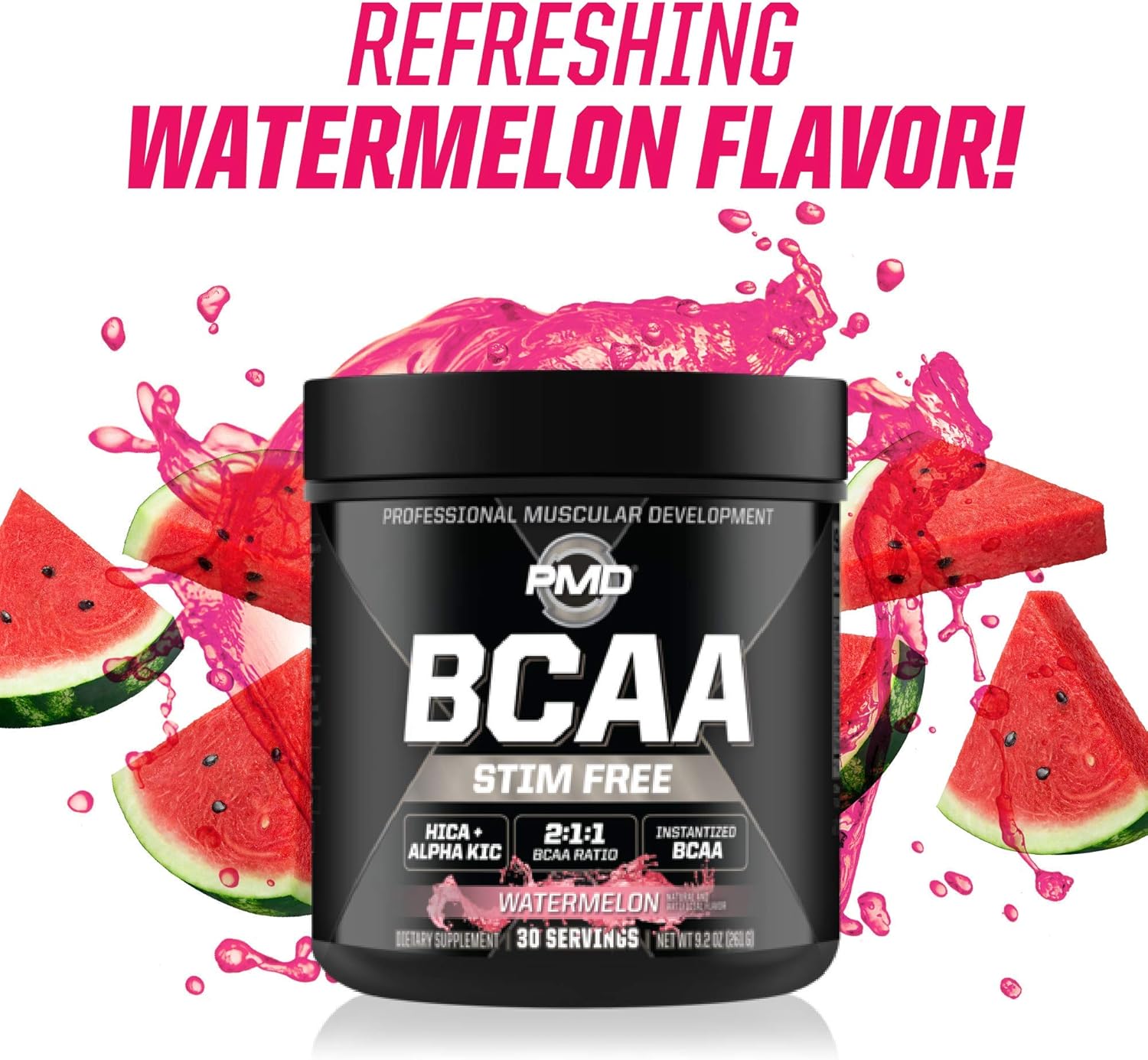 PMD Sports BCAA Powder Drink Mix - Watermelon Flavor, Stim-Free Amino Acids for Improved Workout Performance and Recovery - Muscle Builder and Energy Booster (30 Servings)