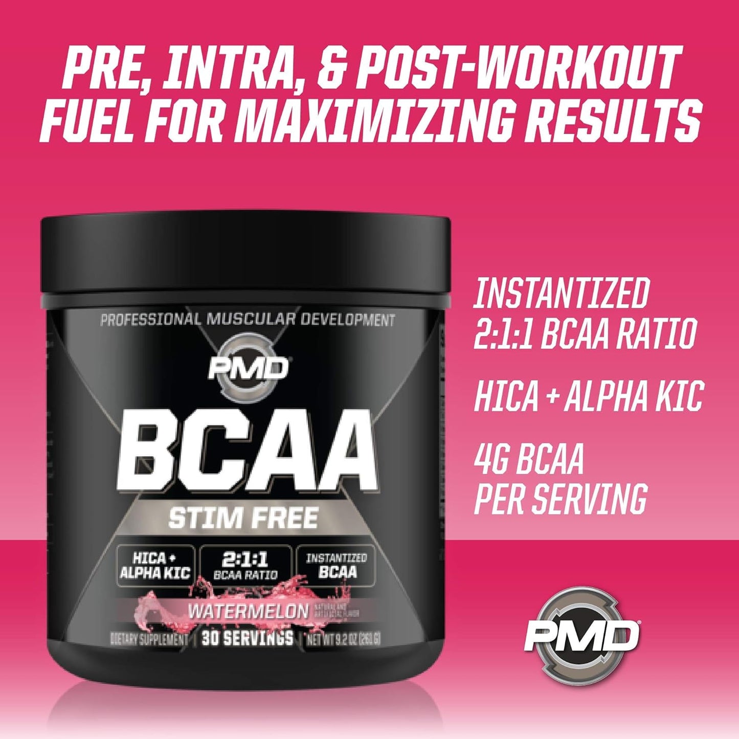 PMD Sports BCAA Powder Drink Mix - Watermelon Flavor, Stim-Free Amino Acids for Improved Workout Performance and Recovery - Muscle Builder and Energy Booster (30 Servings)