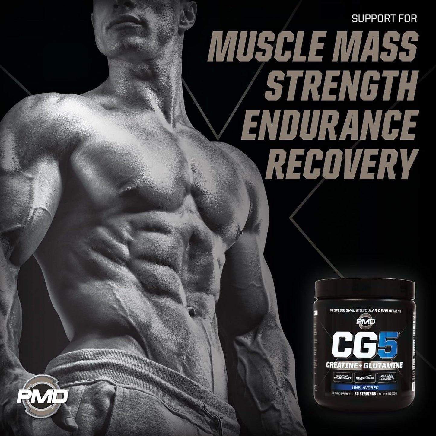PMD Sports CG5 Premium Creatine & L Glutamine Powder for Lean Muscle & Workout Performance - Unflavored, 30 Servings
