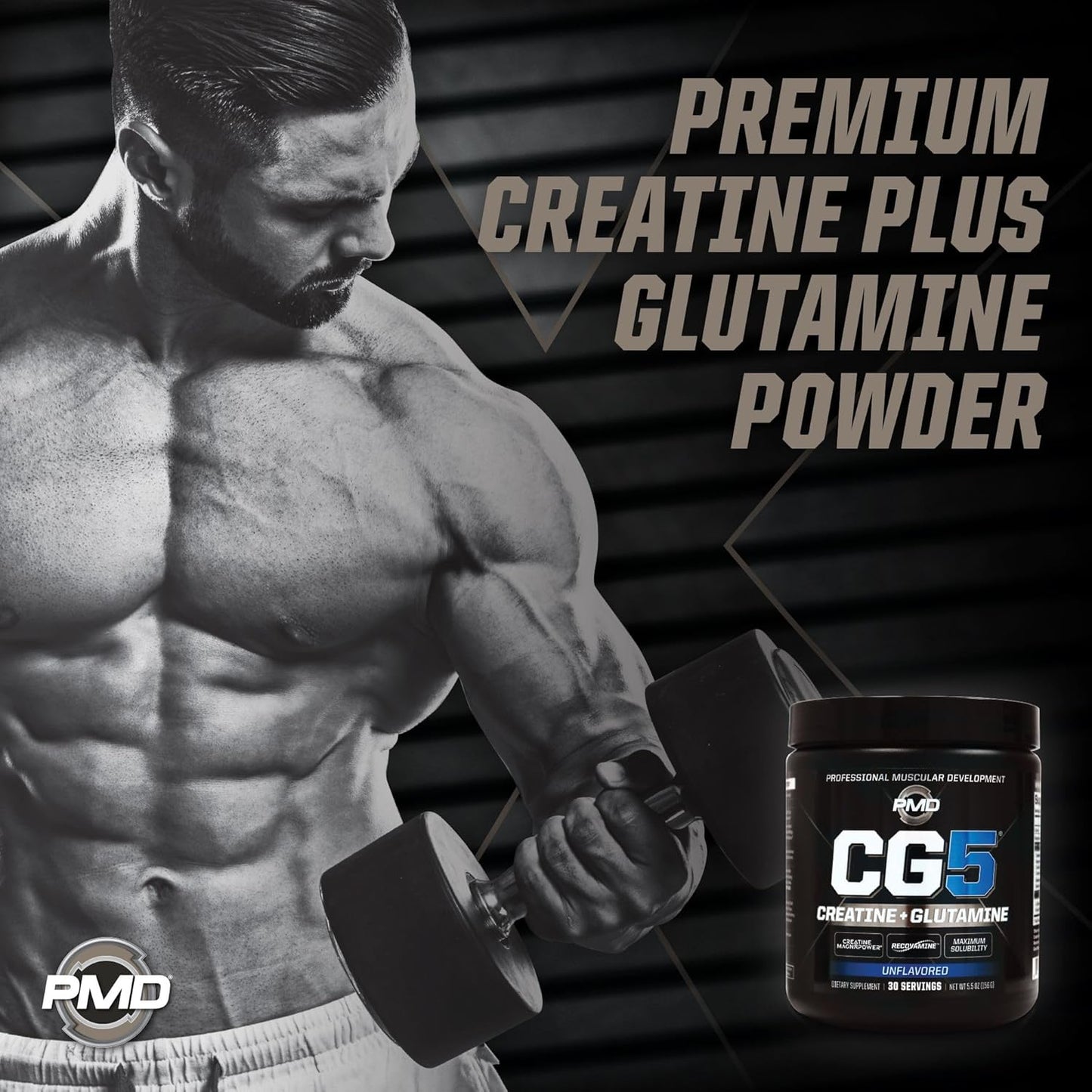 PMD Sports CG5 Premium Creatine & L Glutamine Powder for Lean Muscle & Workout Performance - Unflavored, 30 Servings