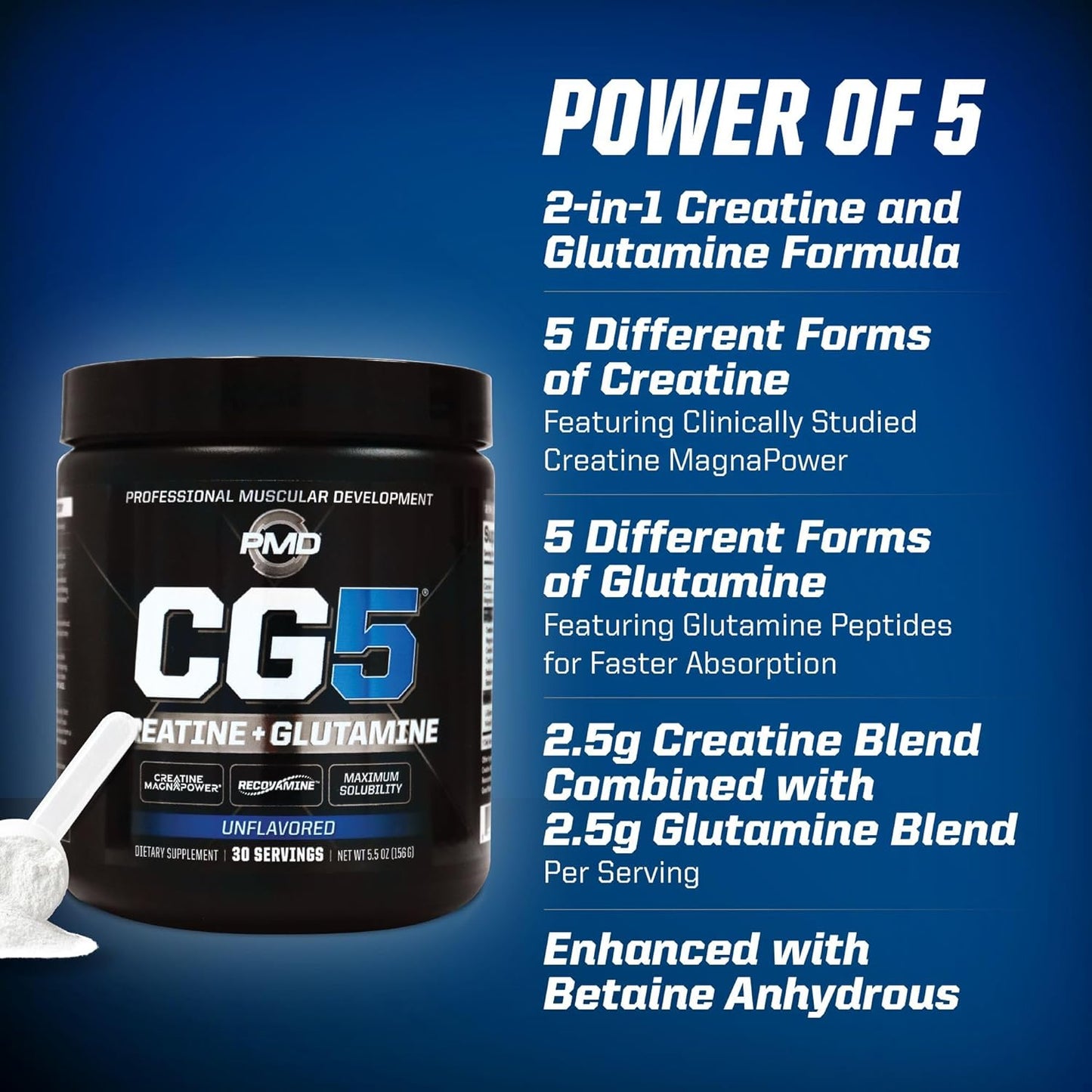 PMD Sports CG5 Premium Creatine & L Glutamine Powder for Lean Muscle & Workout Performance - Unflavored, 30 Servings