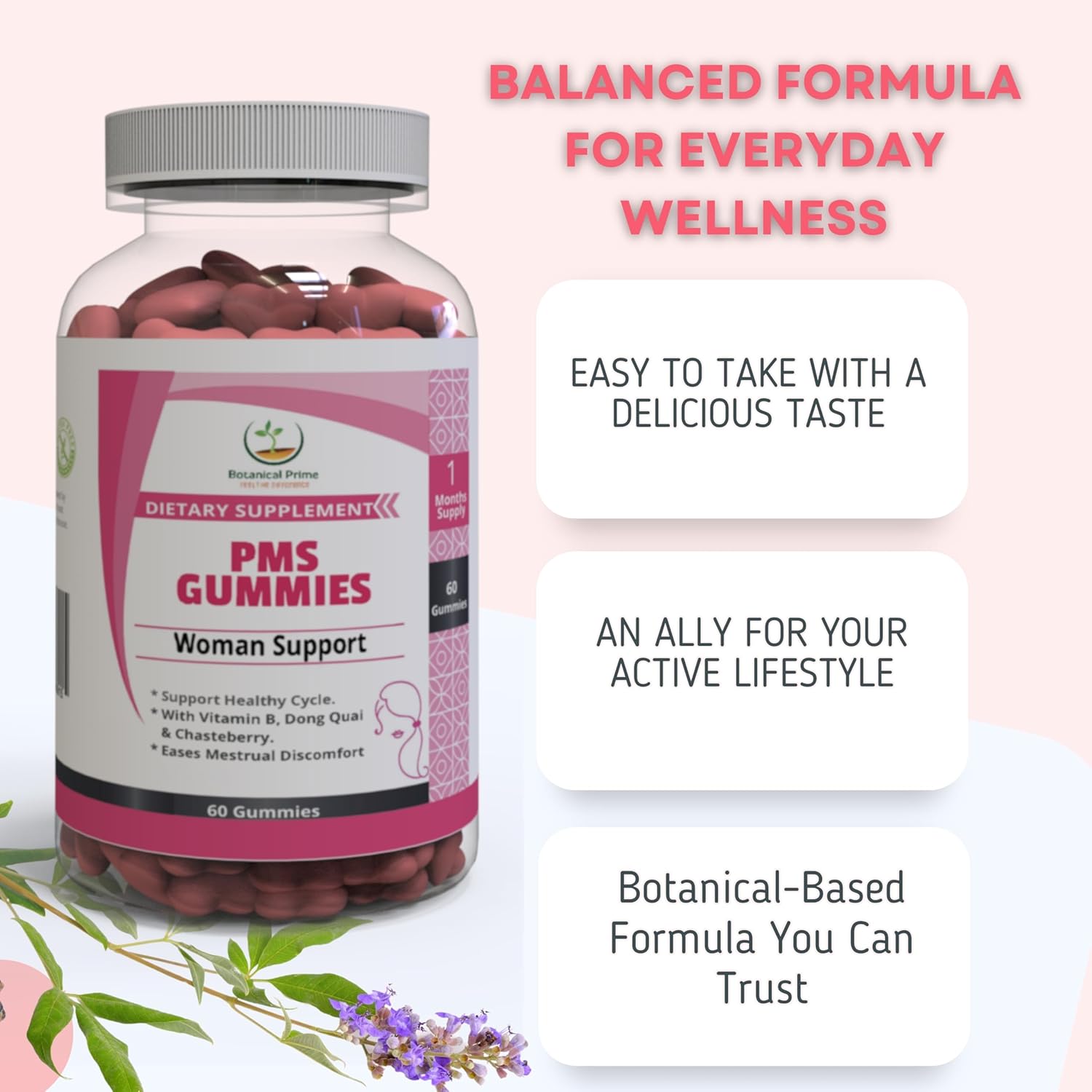 PMS Support Gummies with Chasteberry, Vitamin B6, Lemon Balm & Dong Quai Extract - 30 Servings