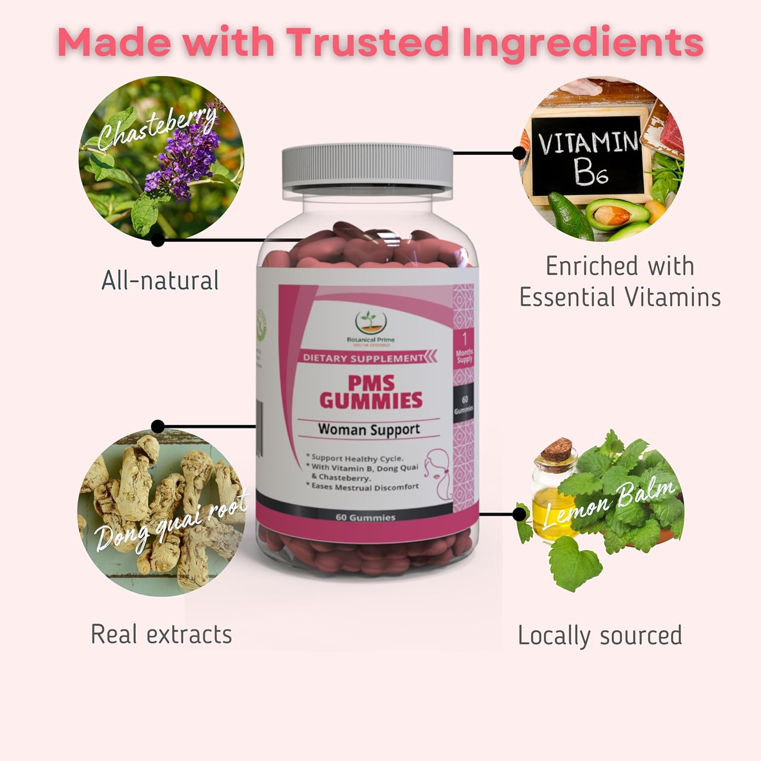 PMS Support Gummies with Chasteberry, Vitamin B6, Lemon Balm & Dong Quai Extract - 30 Servings