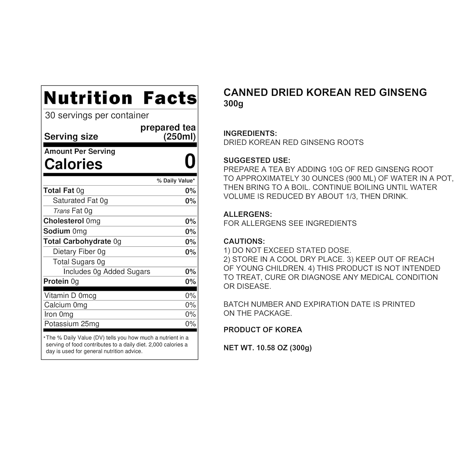 Pocheon Korean Red Ginseng 300g Canned Dried Panax 6 Years Cut Grade 300-Small Roots for Natural Immune Support