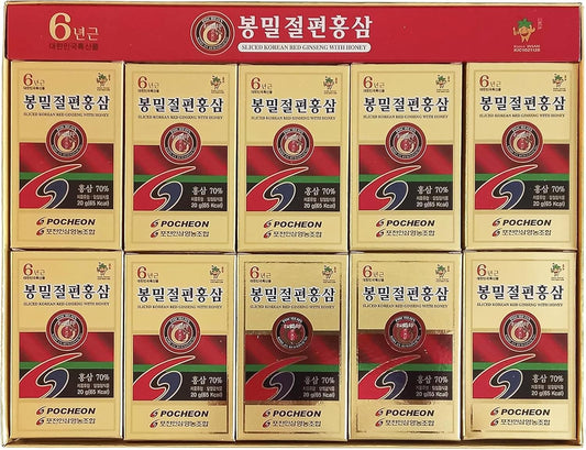 POCHEON KOREAN RED GINSENG Pocheon 200g(10ea X 20g) 6Years Sliced Korean Panax Red Ginseng Roots with Honey, Saponin, Natural Immune Support