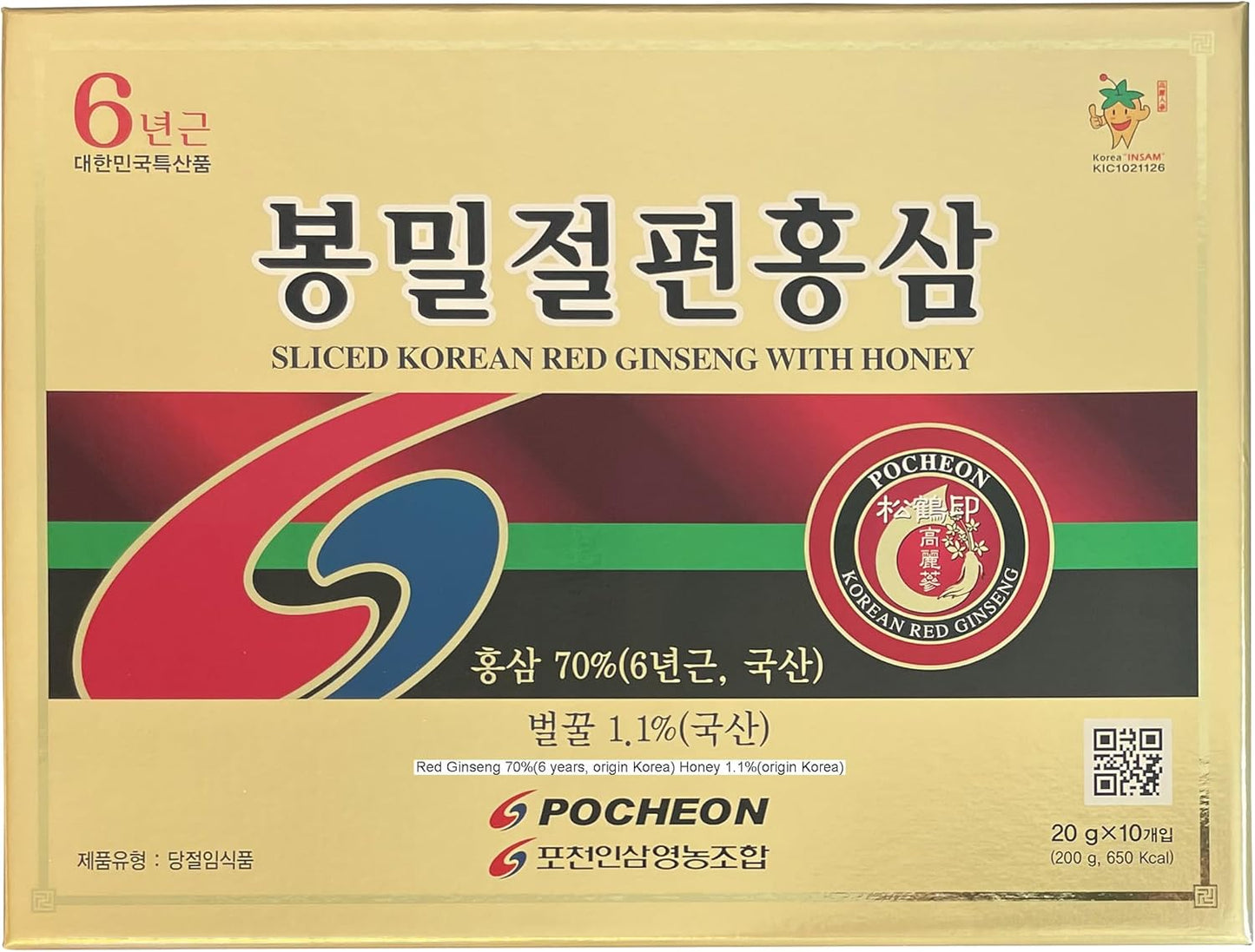 POCHEON KOREAN RED GINSENG Pocheon 200g(10ea X 20g) 6Years Sliced Korean Panax Red Ginseng Roots with Honey, Saponin, Natural Immune Support