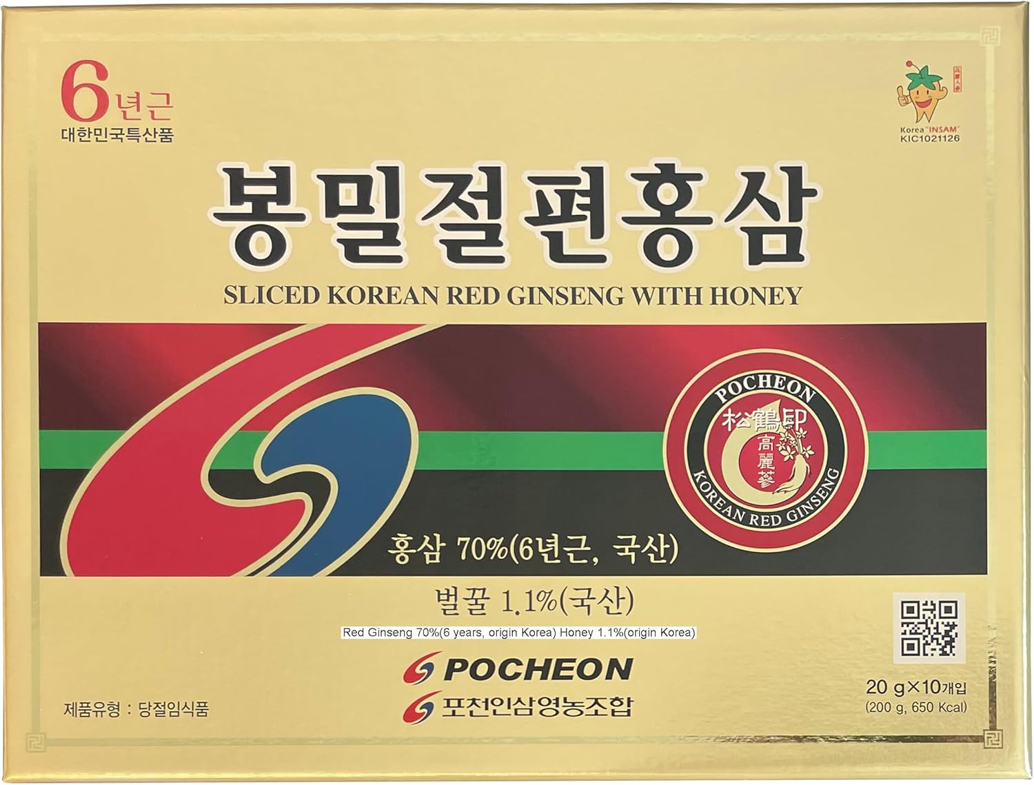POCHEON KOREAN RED GINSENG Pocheon 200g(10ea X 20g) 6Years Sliced Korean Panax Red Ginseng Roots with Honey, Saponin, Natural Immune Support