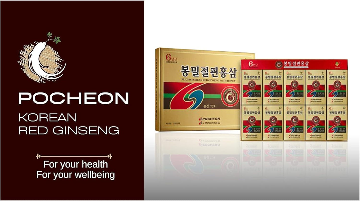 POCHEON KOREAN RED GINSENG Pocheon 200g(10ea X 20g) 6Years Sliced Korean Panax Red Ginseng Roots with Honey, Saponin, Natural Immune Support