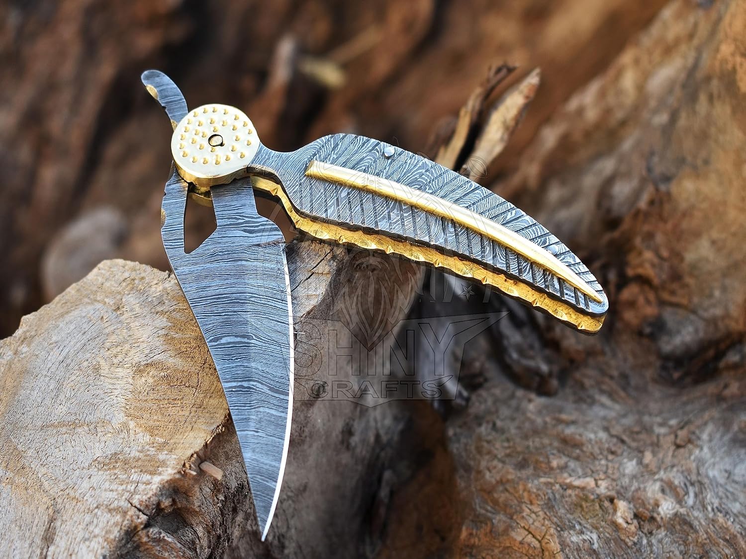 Pocket Knife Damascus Hunting Knife - OTF Tactical Knife for Men - Everyday Carry PlainEdge with Leather Sheath