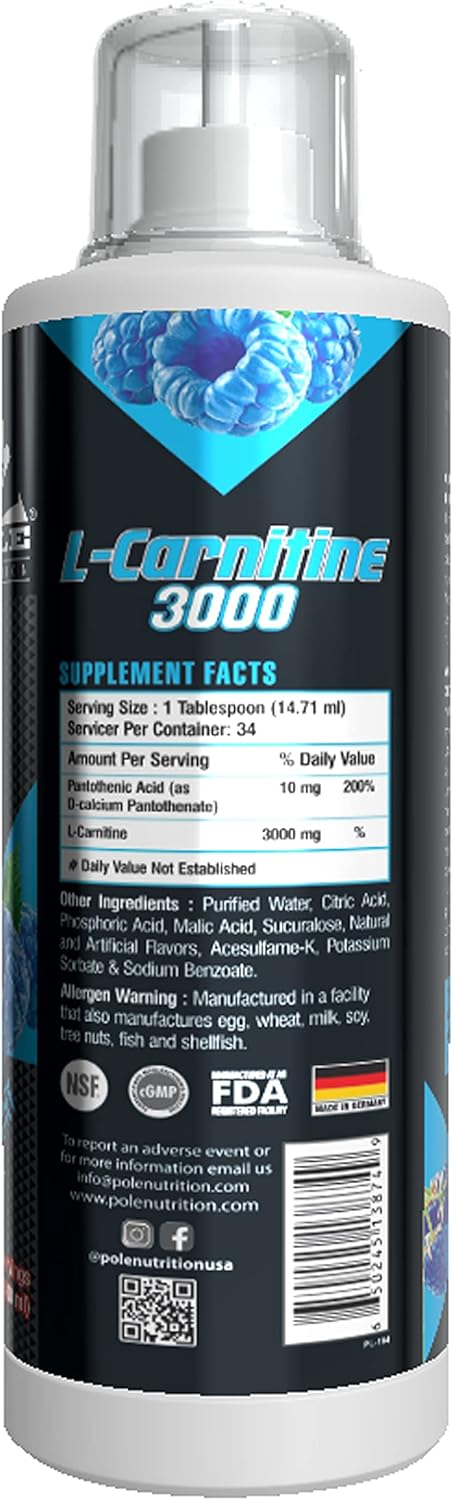 Pole Nutrition L-Carnitine 3000 Blue Raspberry Drink - 500ml (34 Servings)