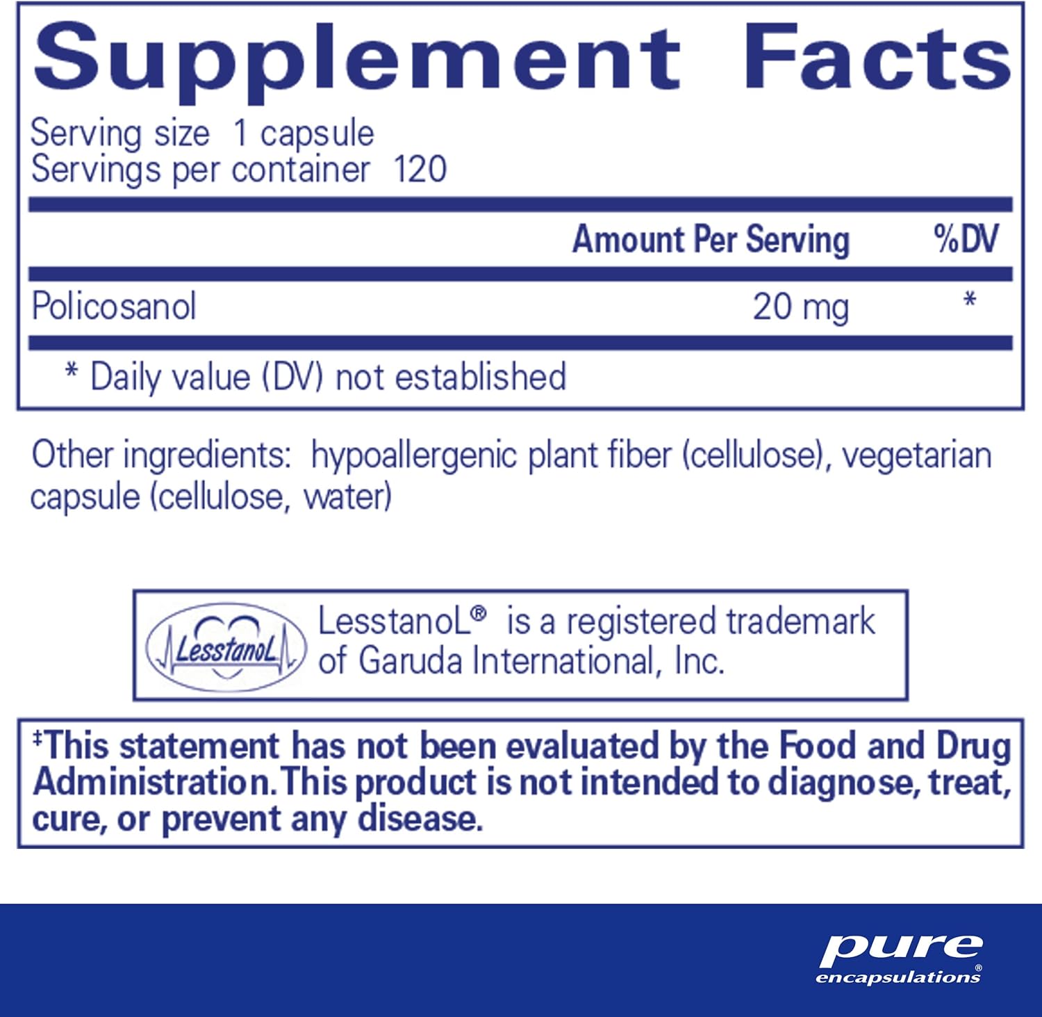 Policosanol 20 mg Capsules for Healthy Lipid Metabolism and Heart Health | 120 Count | Hypoallergenic Formula by Pure Encapsulations