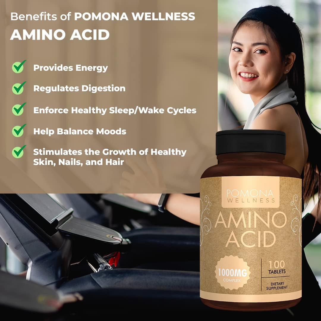 Pomona Wellness Essential Amino Acids 1000mg Capsules for Energy, Brain, and Muscle Recovery - Non-GMO, 100 Tablets