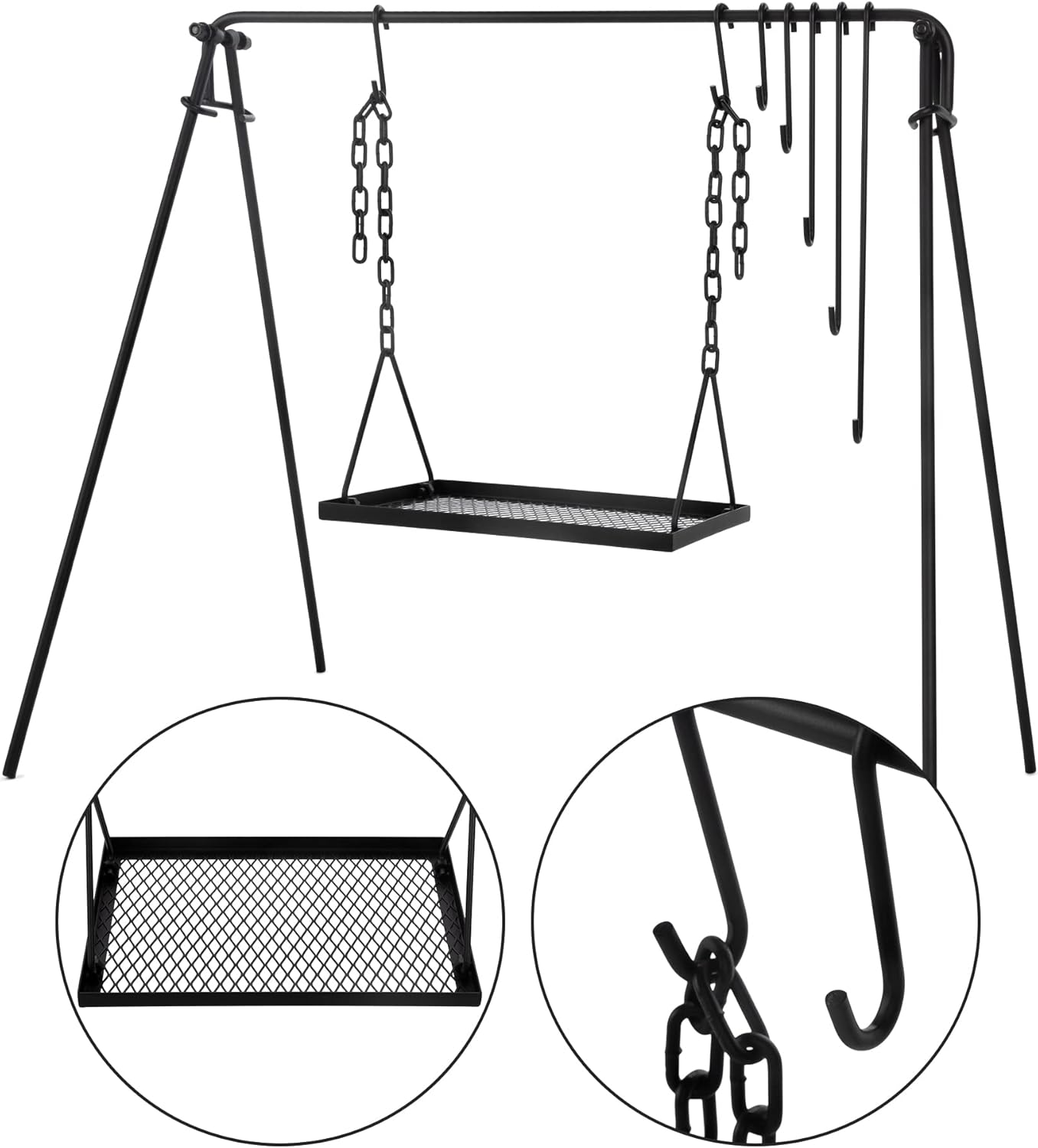 Portable Campfire Cooking Stand with Adjustable Legs, Hooks, Accessories, and Carrying Case - Ideal for BBQ, Cookware, and Dutch Oven - Bruntmor Swing Grill Stand