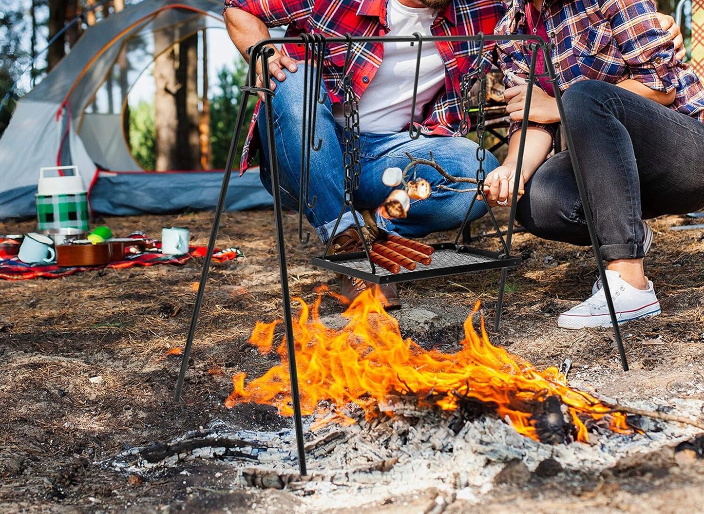 Portable Campfire Cooking Stand with Adjustable Legs, Hooks, Accessories, and Carrying Case - Ideal for BBQ, Cookware, and Dutch Oven - Bruntmor Swing Grill Stand
