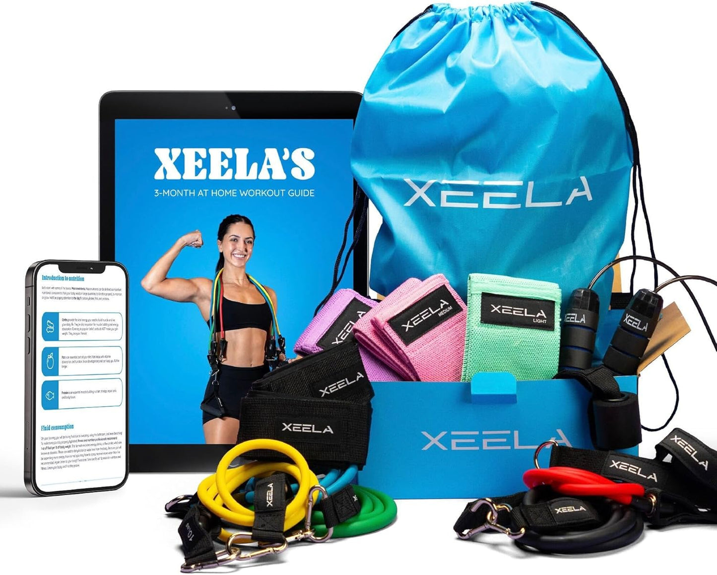 Portable Full Body Workout Equipment Set with Digital Guide - Includes Jump Rope, Resistance Bands, Ankle Straps - For All Fitness Levels - Xeela