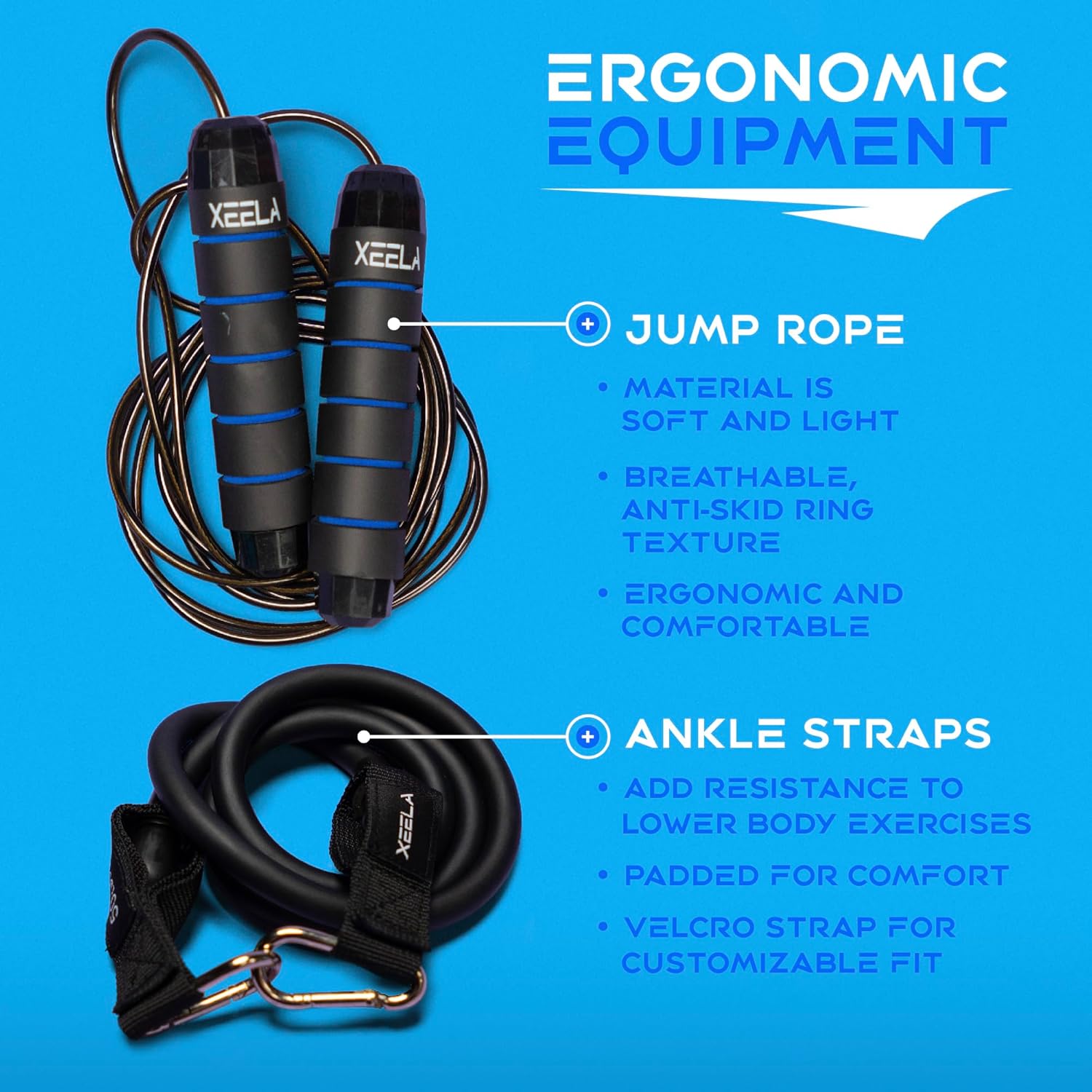 Portable Full Body Workout Equipment Set with Digital Guide - Includes Jump Rope, Resistance Bands, Ankle Straps - For All Fitness Levels - Xeela