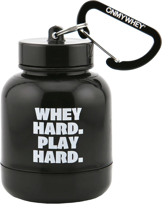 Portable ONMYWHEY Protein Powder Funnel Keychain for Gym, Workouts, Travel - TSA Approved & Whey Hard Play Hard Supplement Container