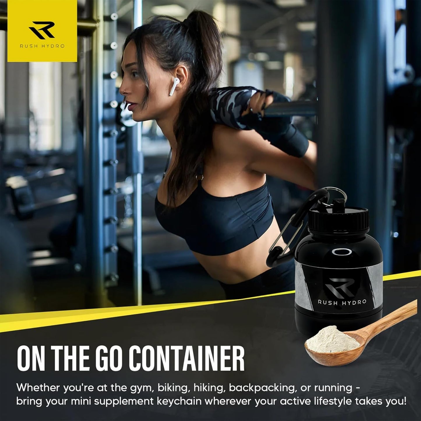 Portable Protein Powder Funnel Keychain for Travel, 100mL Container with Dual Screw Cap - Ideal for Hydration Powder & Supplements - Black