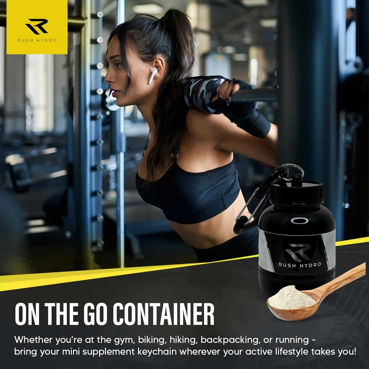 Portable Protein Powder Funnel Keychain for Travel, 100mL Container with Dual Screw Cap - Ideal for Hydration Powder & Supplements - Black