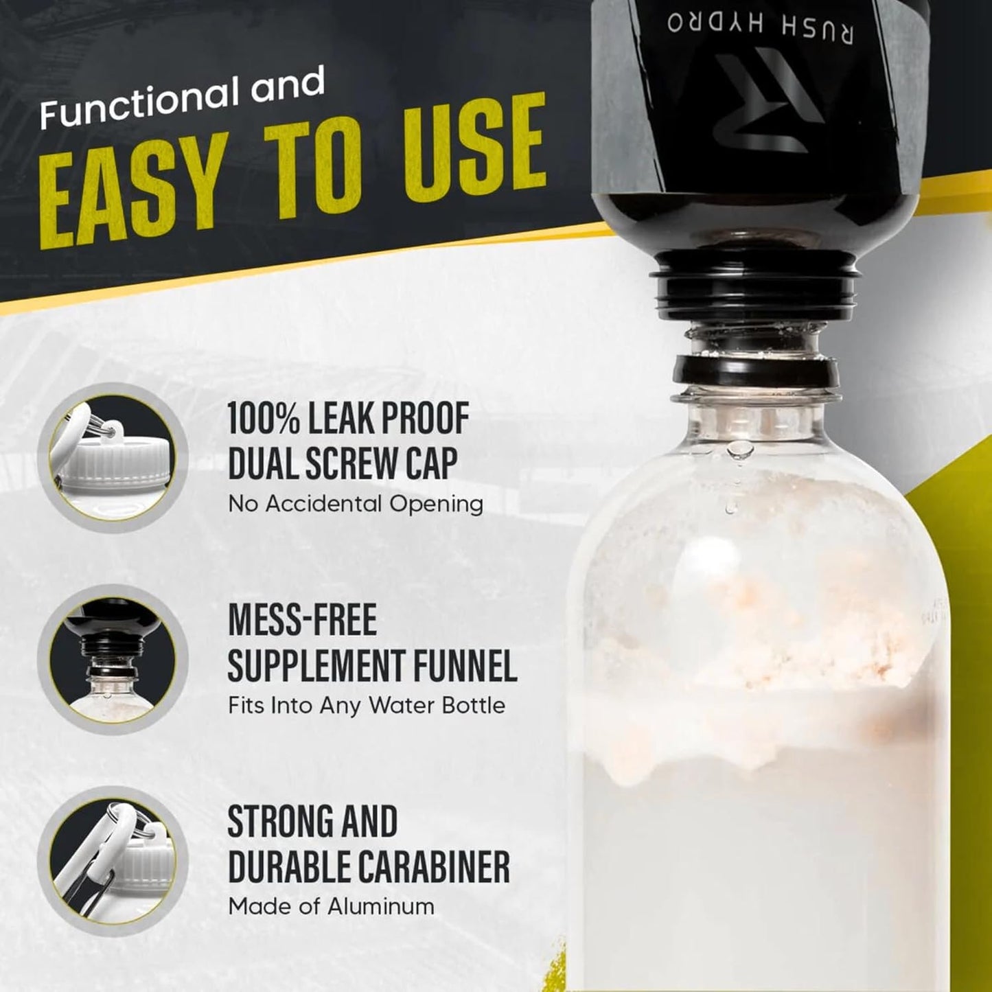 Portable Protein Powder Funnel Keychain for Travel, 100mL Container with Dual Screw Cap - Ideal for Hydration Powder & Supplements - Black