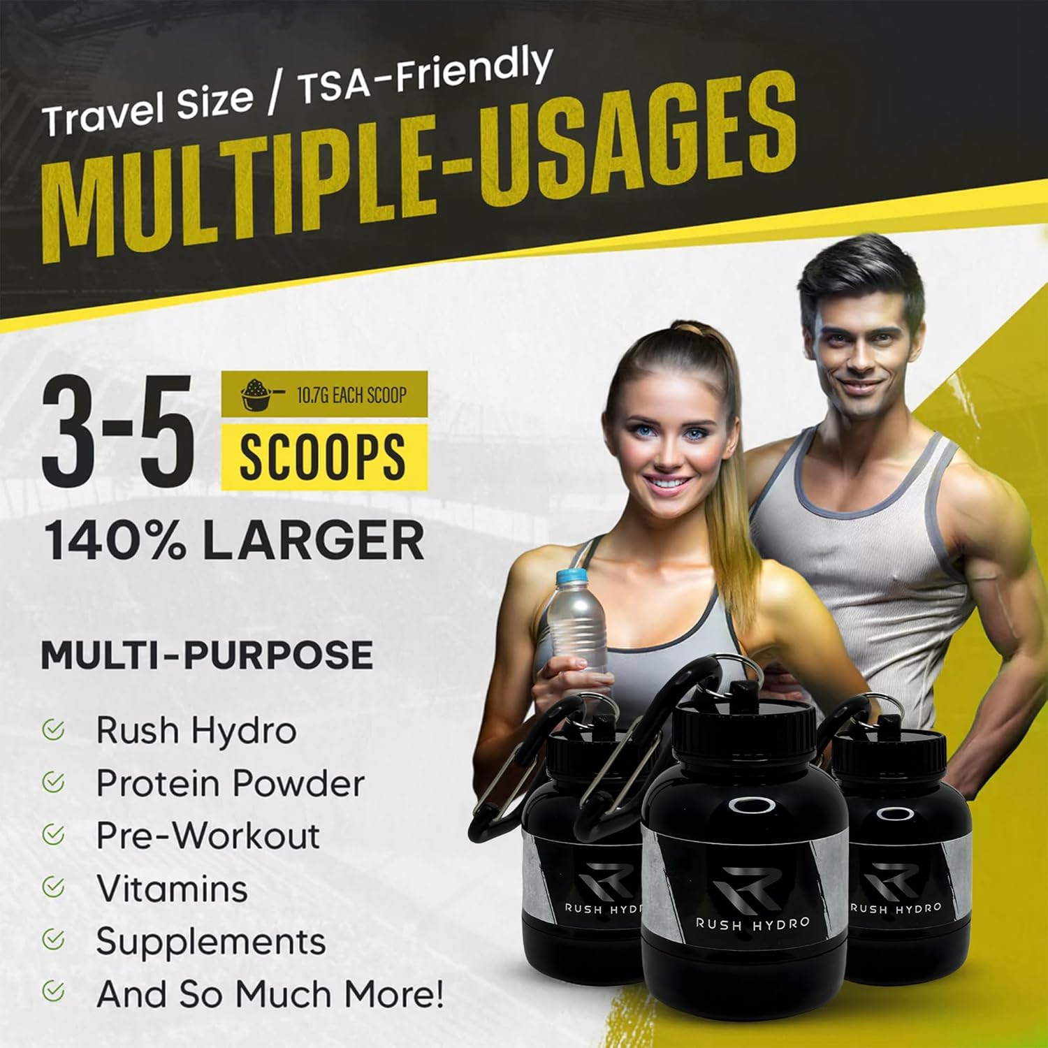 Portable Protein Powder Funnel Keychain for Travel, 100mL Container with Dual Screw Cap - Ideal for Hydration Powder & Supplements - Black