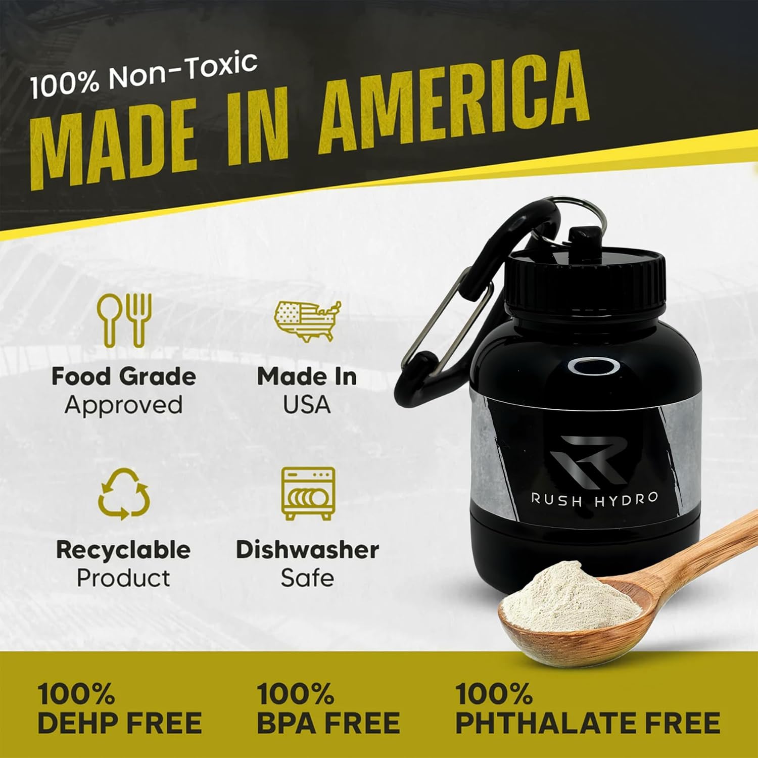 Portable Protein Powder Funnel Keychain for Travel, 100mL Container with Dual Screw Cap - Ideal for Hydration Powder & Supplements - Black