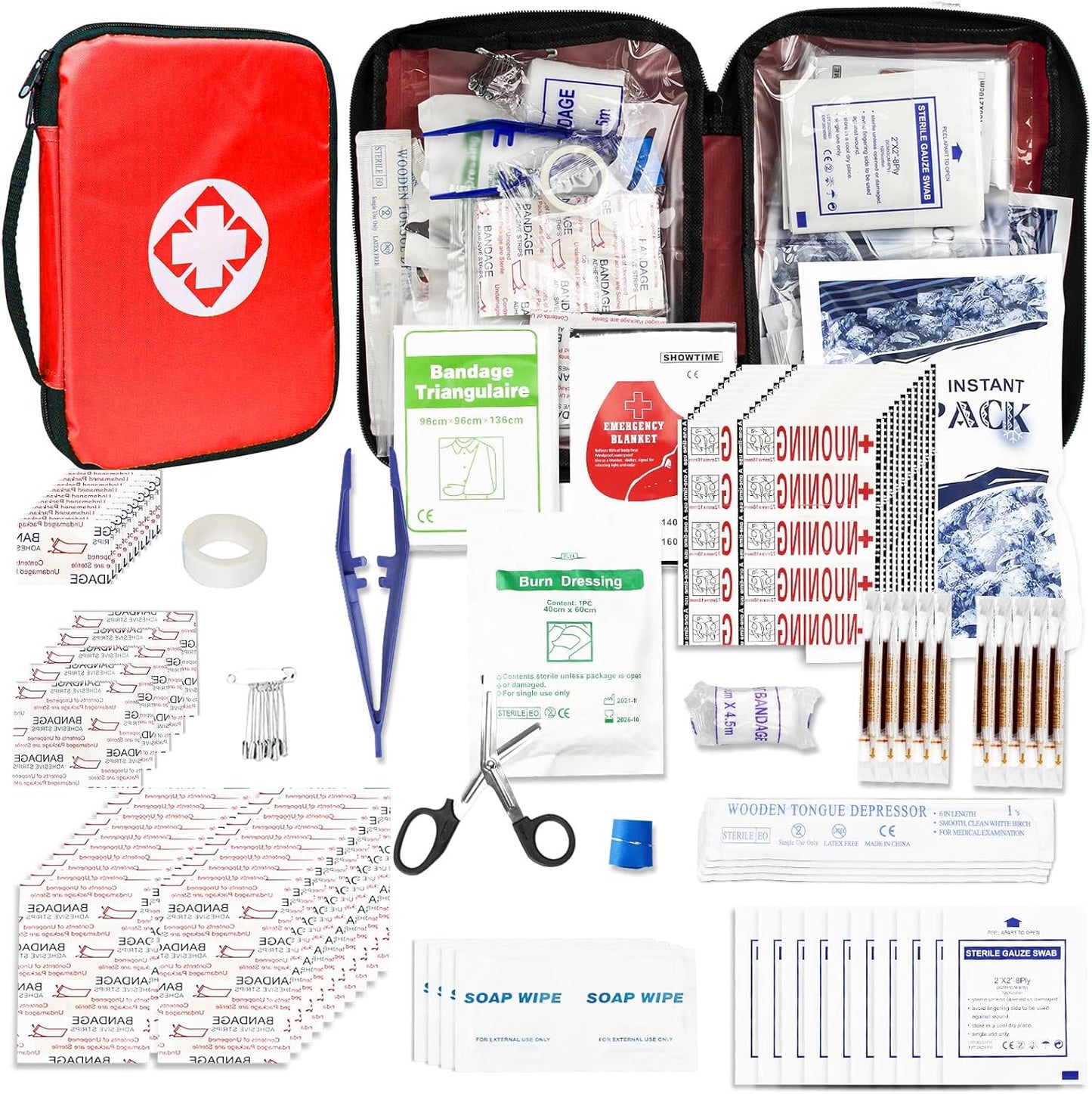 Portable Red Travel First Aid Kit with 300PCS for Home, Car, Outdoor Adventures - Essential Emergency Gear for Camping, Hiking, and Business