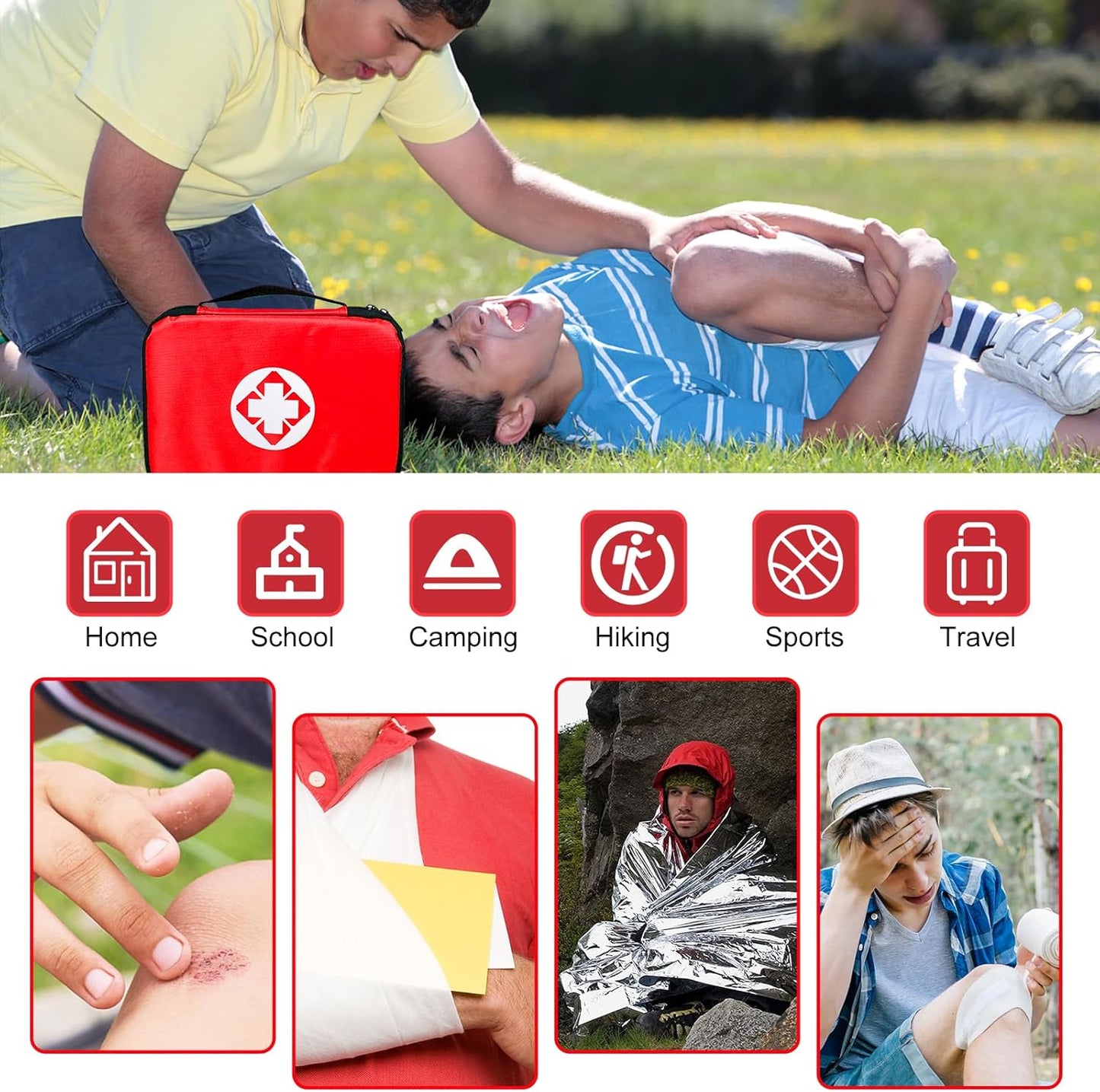 Portable Red Travel First Aid Kit with 300PCS for Home, Car, Outdoor Adventures - Essential Emergency Gear for Camping, Hiking, and Business