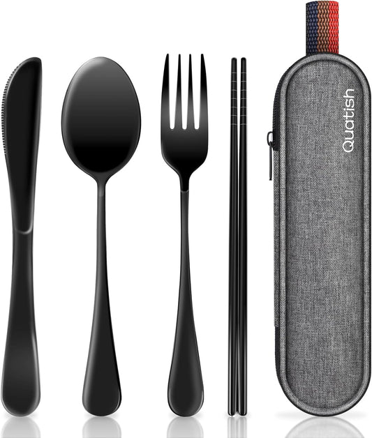Portable Stainless Steel Travel Utensils Set with Case - Reusable Cutlery for Camping, Picnic, Lunch Box - Black Fork and Spoon Kit for Men