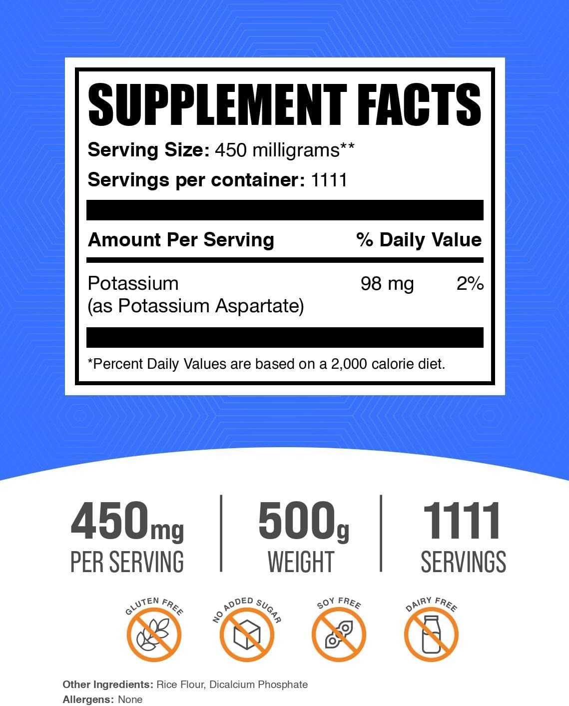 Potassium Aspartate Powder Supplement - Gluten Free, 450mg (98mg Potassium) per Serving - 500g (1.1 lbs) Pack of 1 - BulkSupplements.com