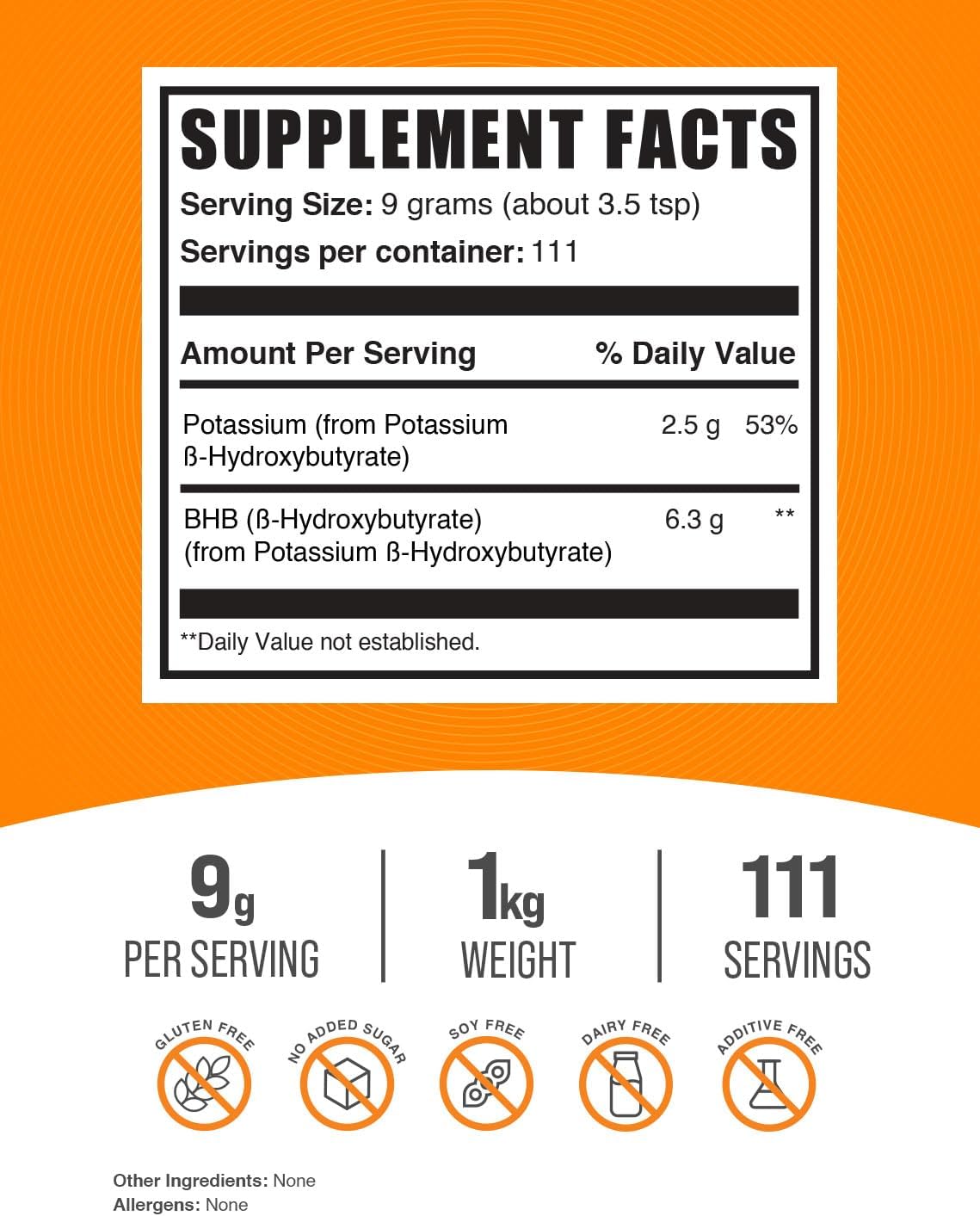 Potassium BHB Powder - Beta-HydroxyButyrate, BHB Salts Supplement - Electrolytes, Gluten-Free, 9g/serving, 1kg (2.2 lbs) - BulkSupplements