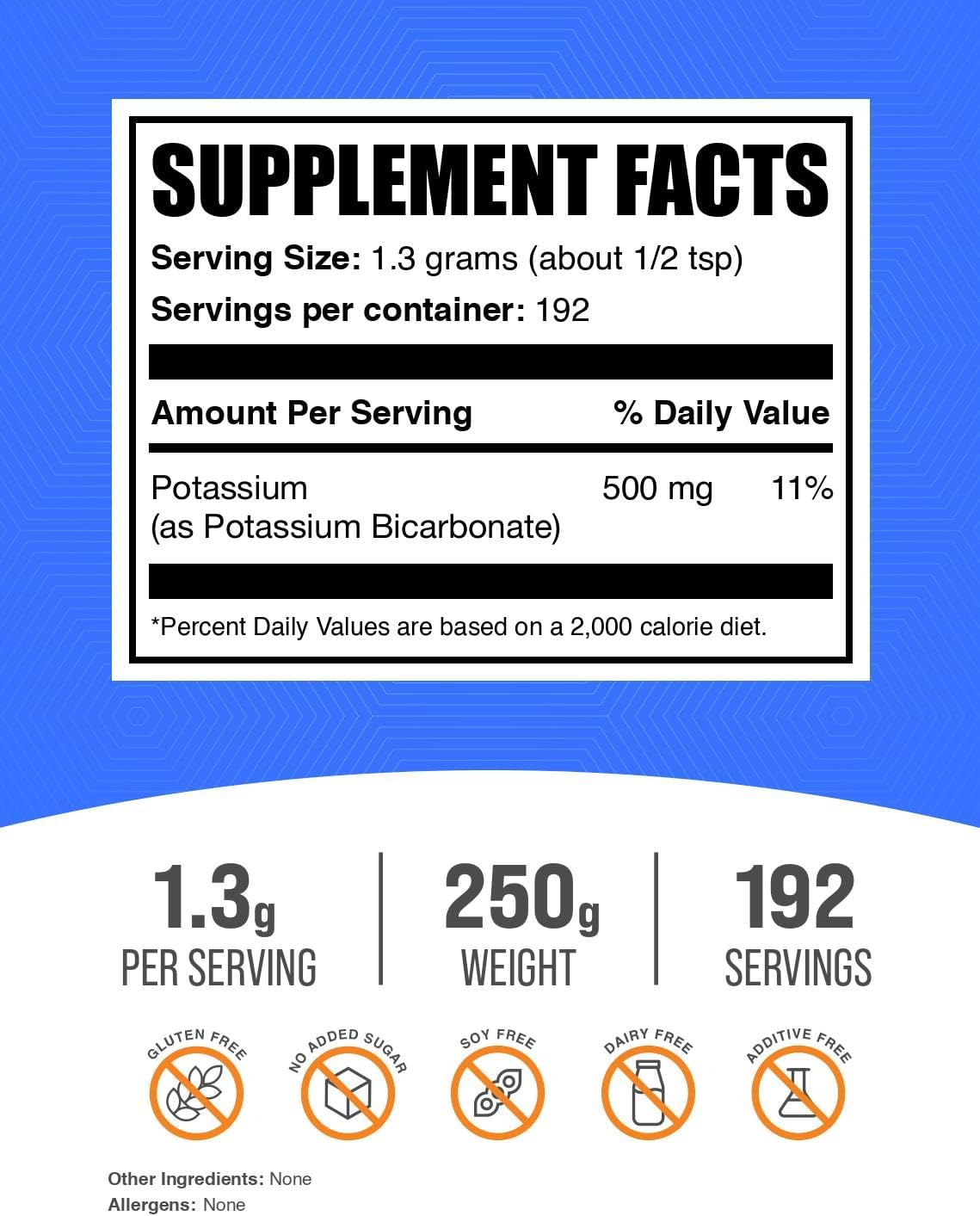 Potassium Bicarbonate Powder - 250g (8.8 oz) - Food Grade Potassium Supplement - 1300mg per Serving - Pack of 1
