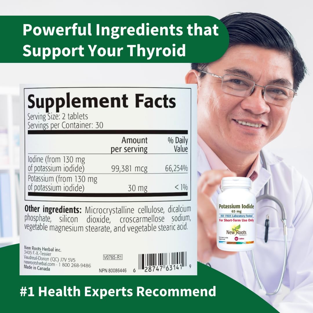 Potassium Iodide 65mg Supplement for Thyroid Support | 60 Tablets, Iodine Source - YODO Naciente