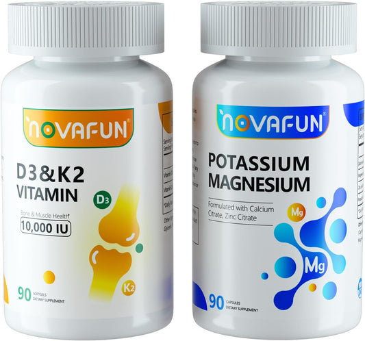 Potassium Magnesium Calcium Zinc D3 K2 Vitamin Bundle for Heart, Bone, Muscle Health by Novafun