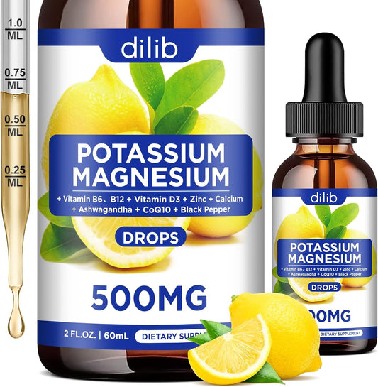 Potassium Magnesium Citrate Liquid Supplement with Ashwagandha, Calcium, Zinc, Vitamin D3 - Vegan Lemon Flavor - 2 fl oz