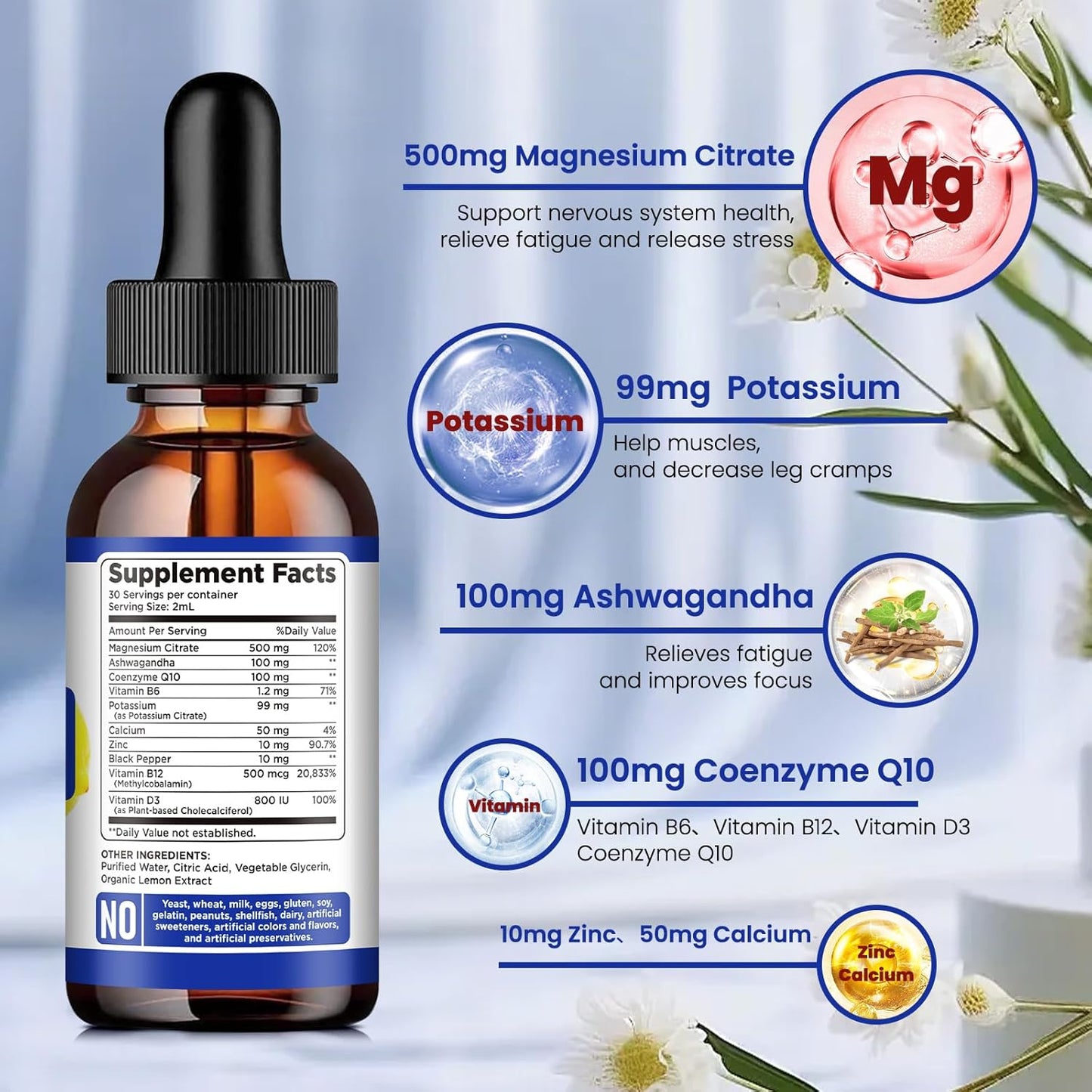Potassium Magnesium Citrate Liquid Supplement with Ashwagandha, Calcium, Zinc, Vitamin D3 - Vegan Lemon Flavor - 2 fl oz