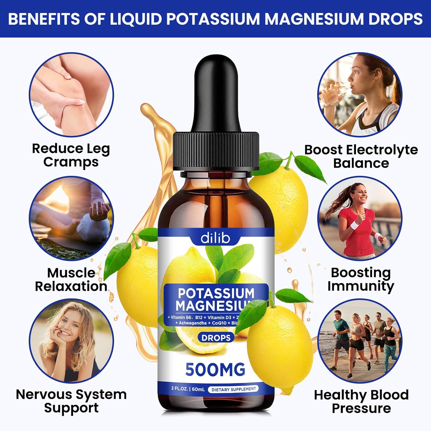 Potassium Magnesium Citrate Liquid Supplement with Ashwagandha, Calcium, Zinc, Vitamin D3 - Vegan Lemon Flavor - 2 fl oz